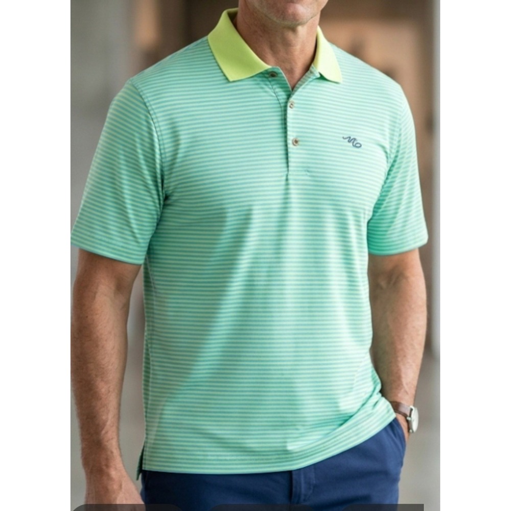NICK PRICE Polo Shirt Blue & Green Striped Golf Short Sleeves Size Large